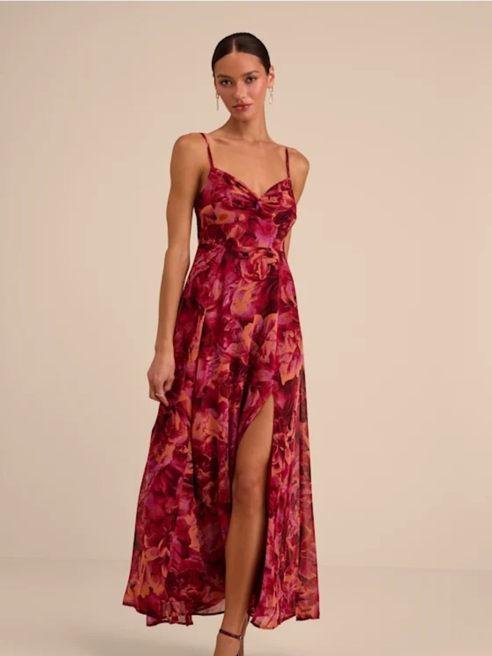 Floral Spaghetti-Strap Maxi Dress in Burgundy Pink